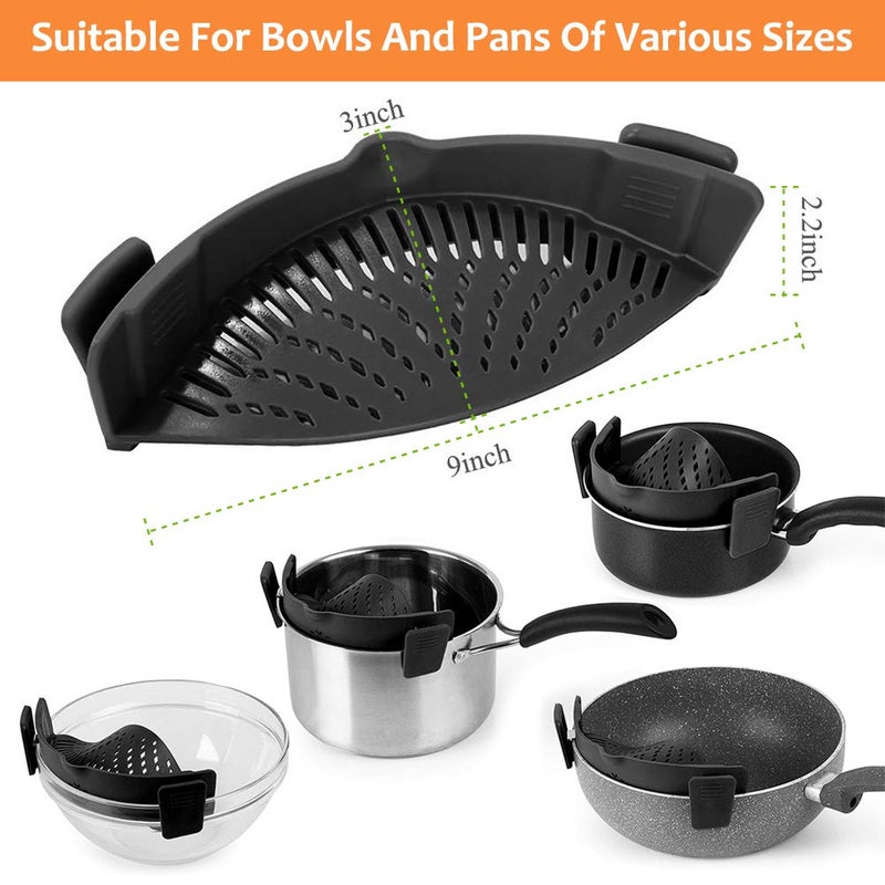 YEVIOR Clip on Strainer for Pots Pan Pasta Strainer  Silicone Food Strainer Hands-Free Pan Strainer  Clip-on Kitchen Food Strainer for Spaghetti  Pasta  Ground Beef Fits All Bowls and Pots (Black) - Image 3